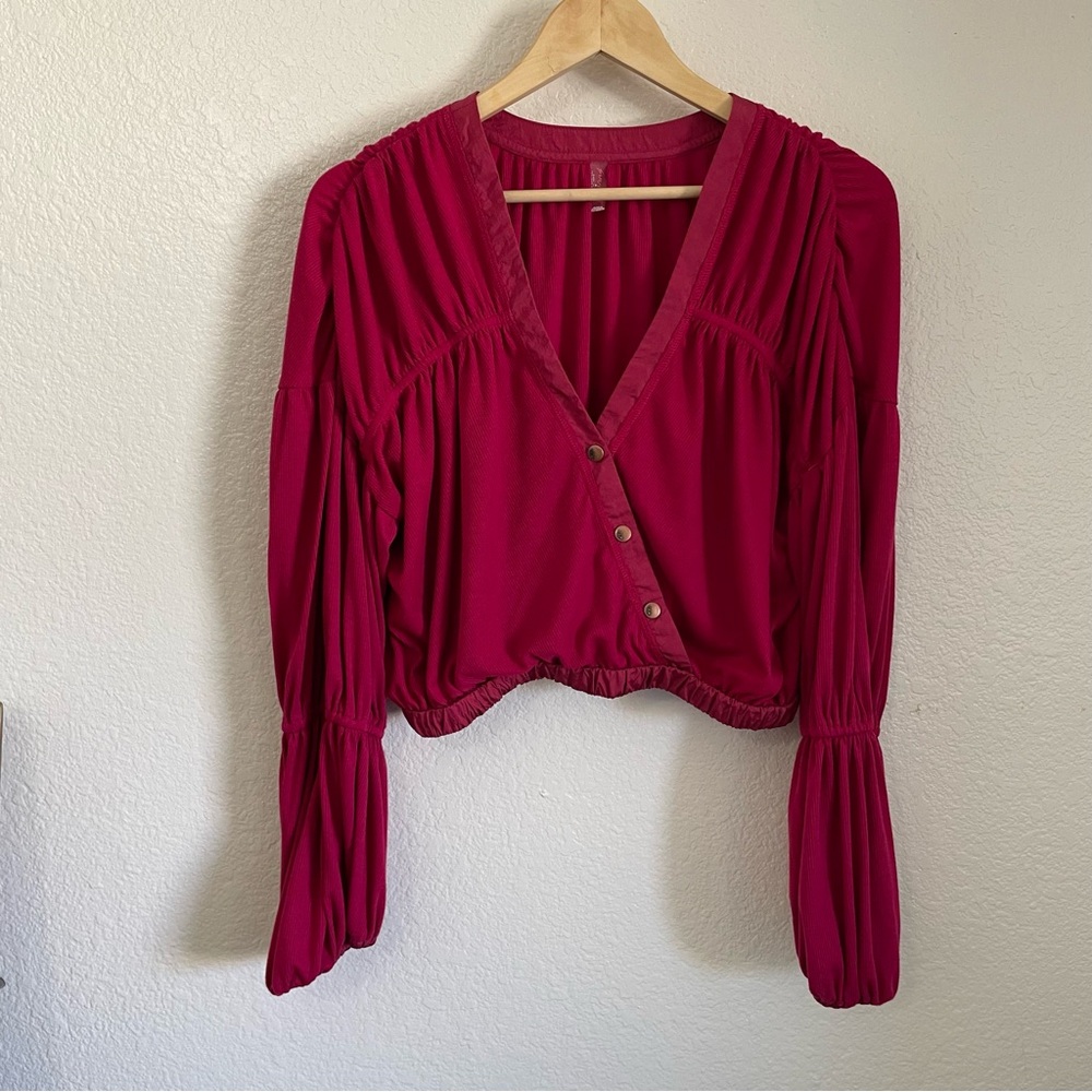 FP Movement Dakota Cropped Balloon Puff Sleeve Top Faux Wrap Fuchsia Boho Hippie